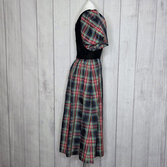 VTG 80s Lanz Originals Velvet & Tartan Christmas Dress Puff Sleeves, sz Small - Picture 4 of 7